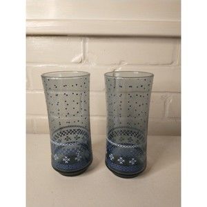 Libbey Holiday Highball Glasses  Blue Cross Stitch Snowflake Smoke Gray